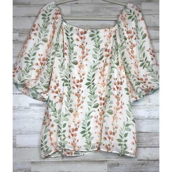 Cato Women Size XL Cream Peach Green Floral Square Neck Blouse Top Cottage Fairy - Picture 3 of 8